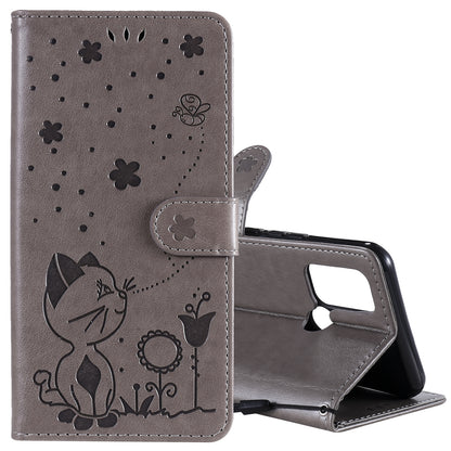 For OPPO C17 Cat and Bee Embossed Flip Leather Phone Case Wallet Cover with Card Slots Cash Pocket Magnetic Stand Protective Shockproof TPU PU Leather Case with Wrist Strap