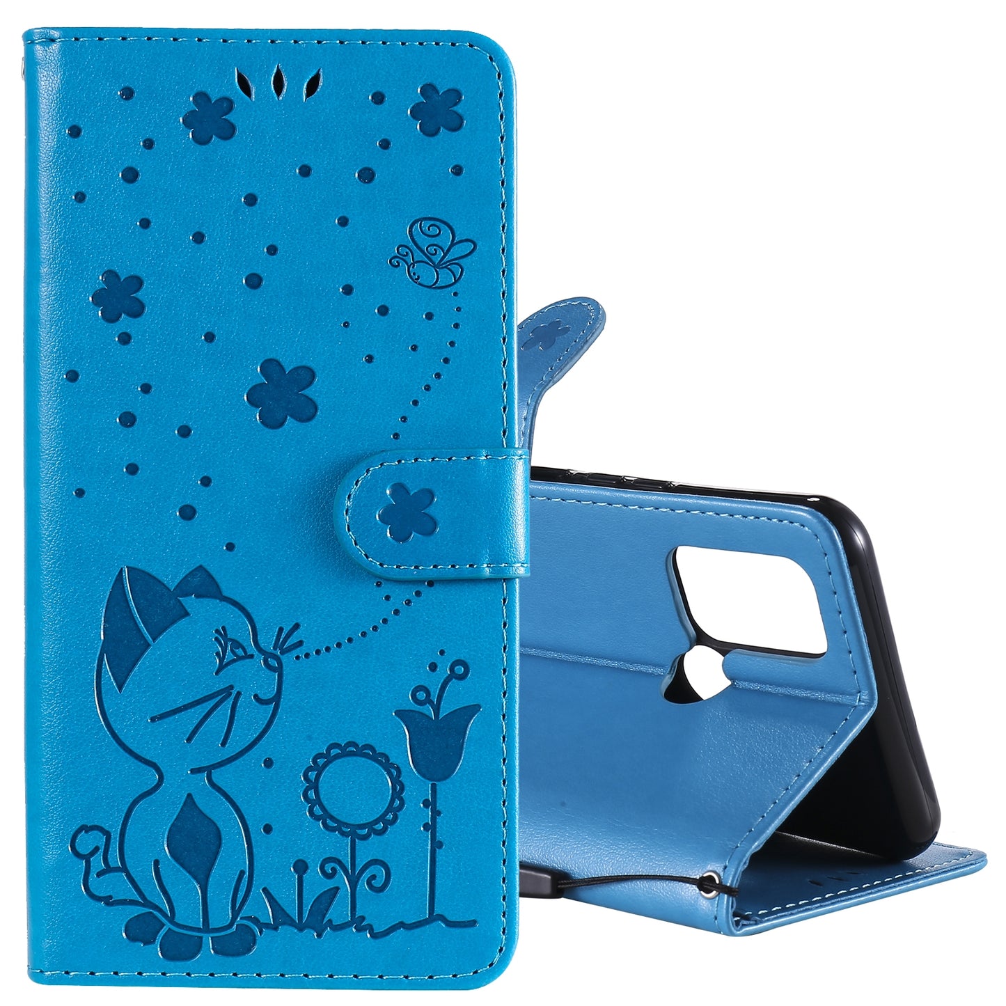 For OPPO Realme 7i Cat and Bee Embossed Flip Leather Phone Case Wallet Cover with Card Slots Cash Pocket Magnetic Stand Protective Shockproof TPU PU Leather Case with Wrist Strap
