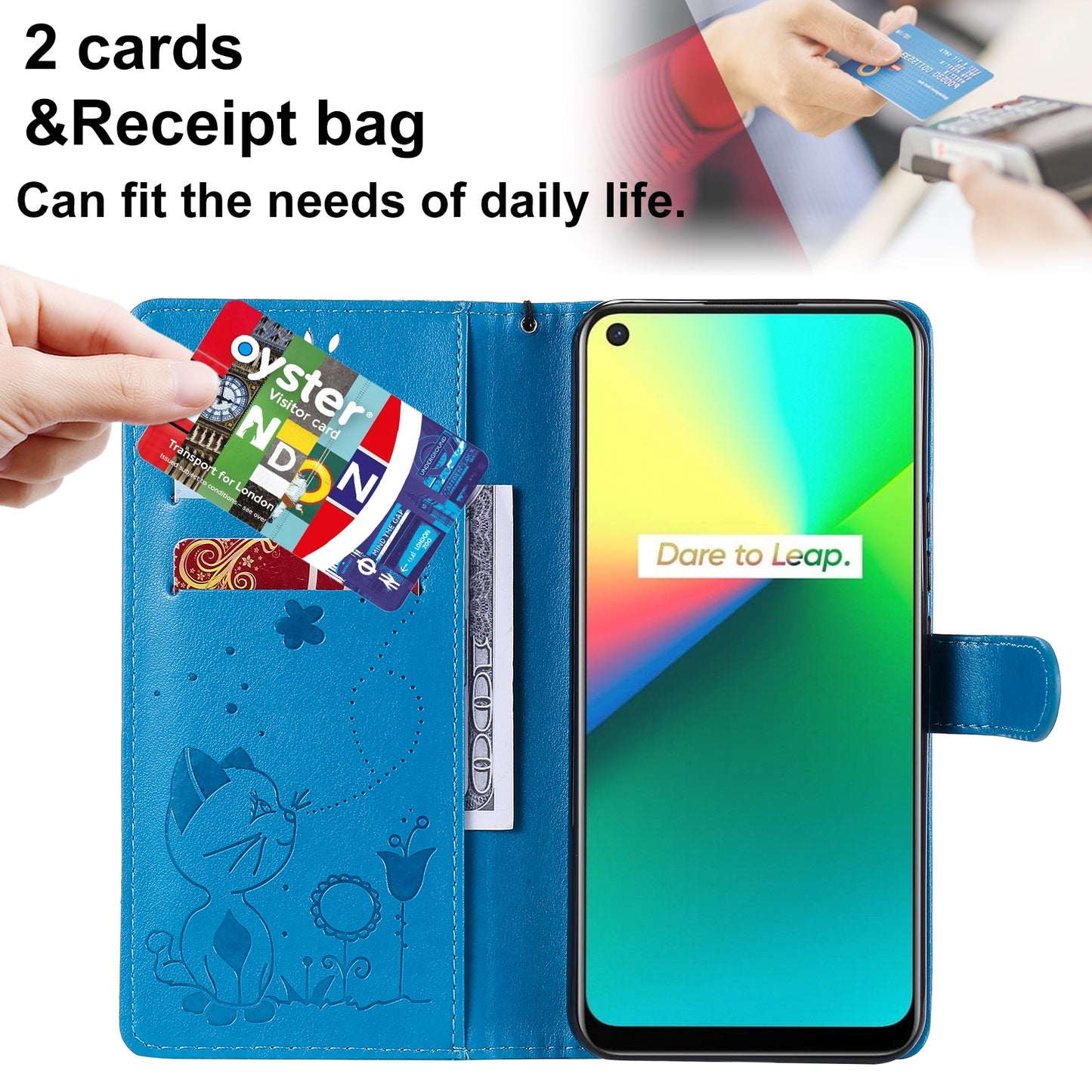 For OPPO Realme 7i Cat and Bee Embossed Flip Leather Phone Case Wallet Cover with Card Slots Cash Pocket Magnetic Stand Protective Shockproof TPU PU Leather Case with Wrist Strap