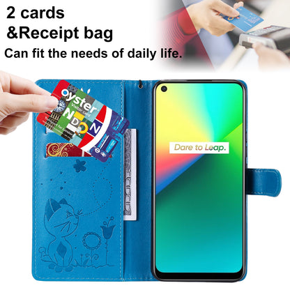 For OPPO C17 Cat and Bee Embossed Flip Leather Phone Case Wallet Cover with Card Slots Cash Pocket Magnetic Stand Protective Shockproof TPU PU Leather Case with Wrist Strap