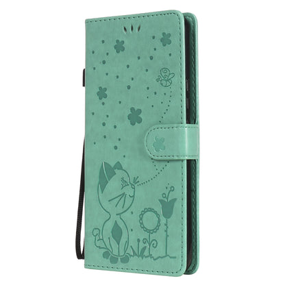 For OPPO C17 Cat and Bee Embossed Flip Leather Phone Case Wallet Cover with Card Slots Cash Pocket Magnetic Stand Protective Shockproof TPU PU Leather Case with Wrist Strap