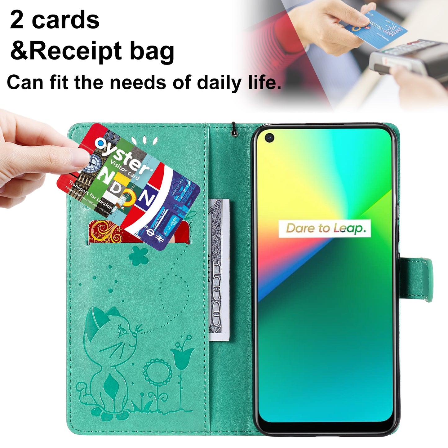 For OPPO Realme 7i Cat and Bee Embossed Flip Leather Phone Case Wallet Cover with Card Slots Cash Pocket Magnetic Stand Protective Shockproof TPU PU Leather Case with Wrist Strap
