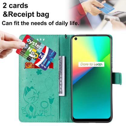 For OPPO Realme 7i Cat and Bee Embossed Flip Leather Phone Case Wallet Cover with Card Slots Cash Pocket Magnetic Stand Protective Shockproof TPU PU Leather Case with Wrist Strap