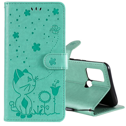 For OPPO C17 Cat and Bee Embossed Flip Leather Phone Case Wallet Cover with Card Slots Cash Pocket Magnetic Stand Protective Shockproof TPU PU Leather Case with Wrist Strap