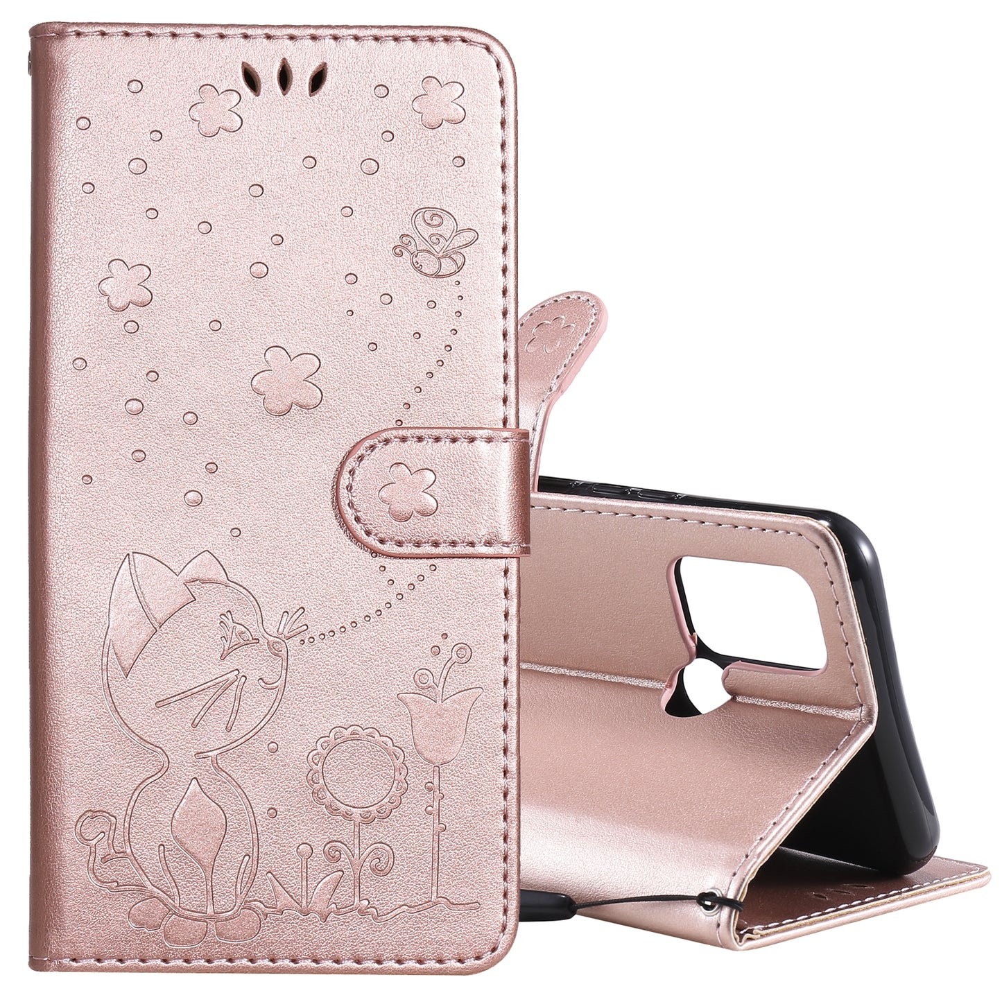 For OPPO Realme 7i Cat and Bee Embossed Flip Leather Phone Case Wallet Cover with Card Slots Cash Pocket Magnetic Stand Protective Shockproof TPU PU Leather Case with Wrist Strap
