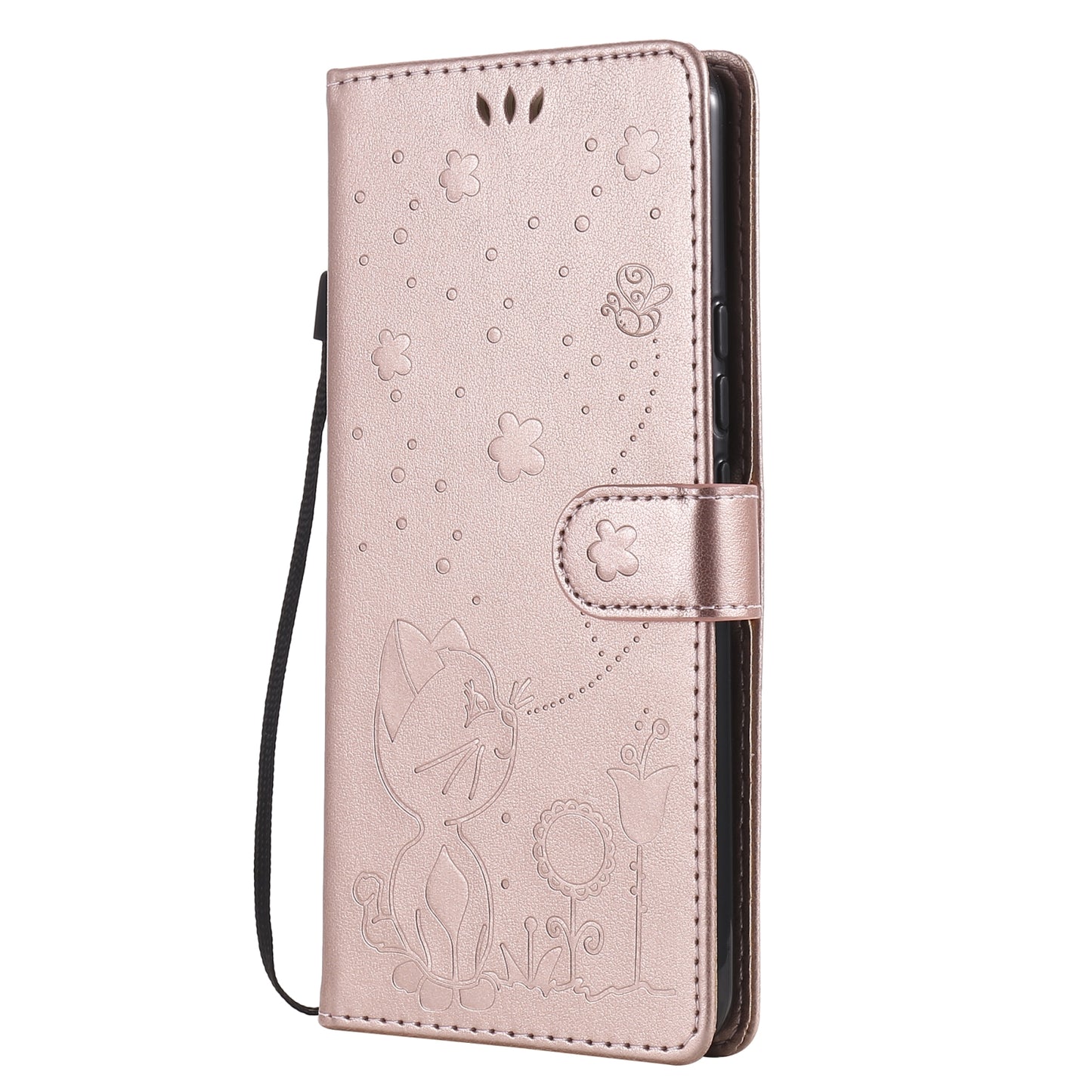 For OPPO C17 Cat and Bee Embossed Flip Leather Phone Case Wallet Cover with Card Slots Cash Pocket Magnetic Stand Protective Shockproof TPU PU Leather Case with Wrist Strap