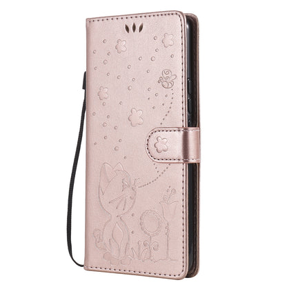 For OPPO C17 Cat and Bee Embossed Flip Leather Phone Case Wallet Cover with Card Slots Cash Pocket Magnetic Stand Protective Shockproof TPU PU Leather Case with Wrist Strap