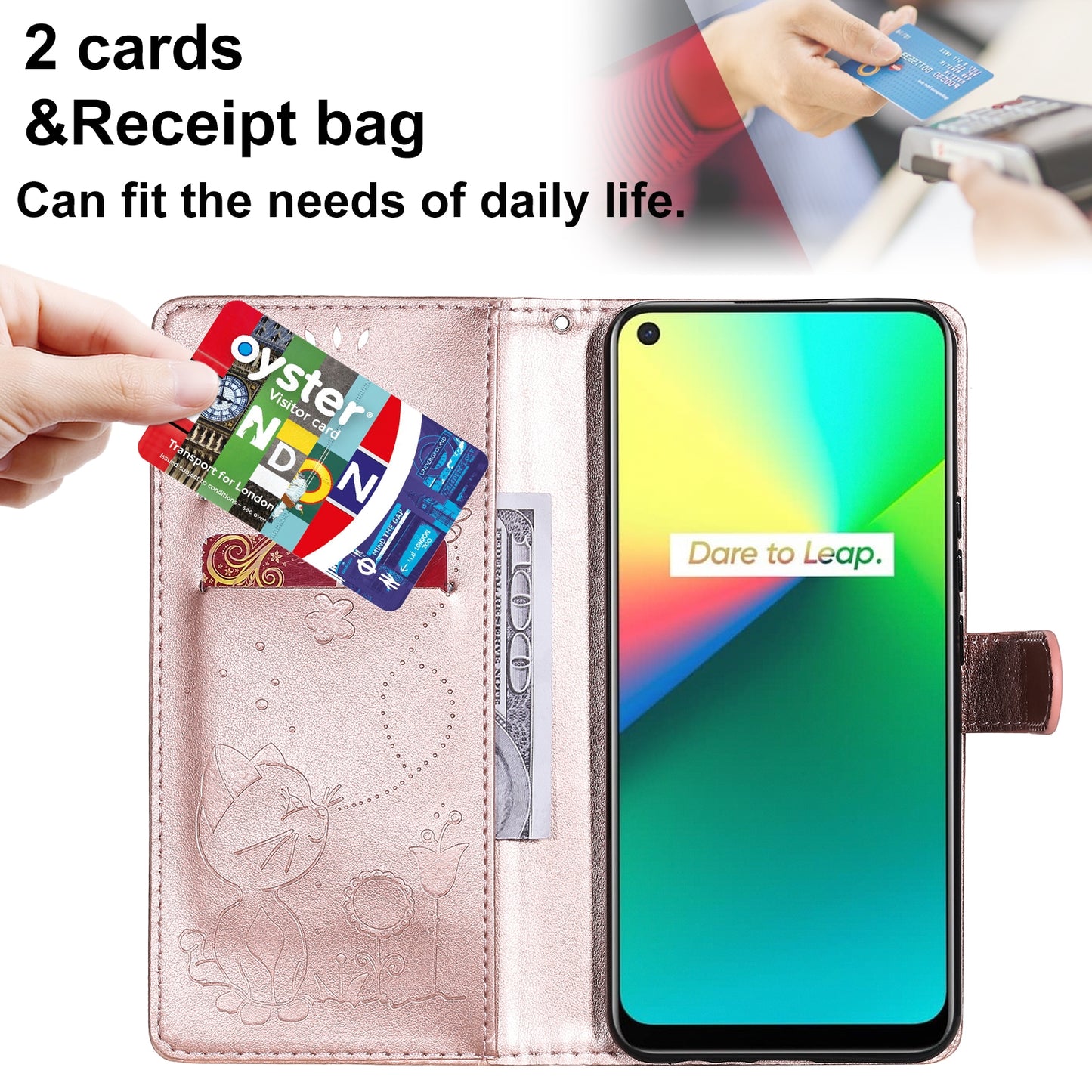 For OPPO Realme 7i Cat and Bee Embossed Flip Leather Phone Case Wallet Cover with Card Slots Cash Pocket Magnetic Stand Protective Shockproof TPU PU Leather Case with Wrist Strap
