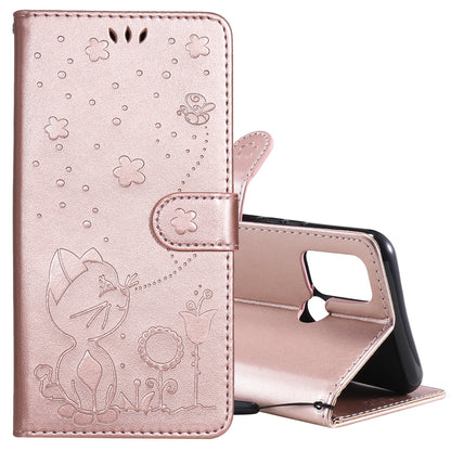 For OPPO C17 Cat and Bee Embossed Flip Leather Phone Case Wallet Cover with Card Slots Cash Pocket Magnetic Stand Protective Shockproof TPU PU Leather Case with Wrist Strap