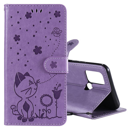 For OPPO Realme 7i Cat and Bee Embossed Flip Leather Phone Case Wallet Cover with Card Slots Cash Pocket Magnetic Stand Protective Shockproof TPU PU Leather Case with Wrist Strap
