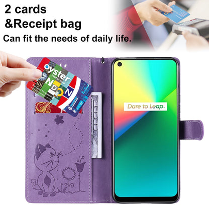 For OPPO Realme 7i Cat and Bee Embossed Flip Leather Phone Case Wallet Cover with Card Slots Cash Pocket Magnetic Stand Protective Shockproof TPU PU Leather Case with Wrist Strap