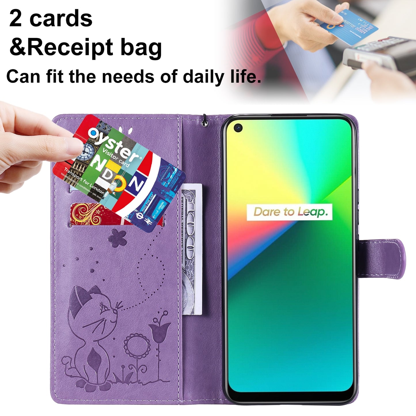 For OPPO C17 Cat and Bee Embossed Flip Leather Phone Case Wallet Cover with Card Slots Cash Pocket Magnetic Stand Protective Shockproof TPU PU Leather Case with Wrist Strap
