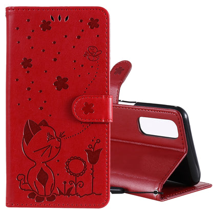 For OPPO Reno4 Pro 4G Cat and Bee Embossed Flip Leather Phone Case Wallet Cover with Card Slots Cash Pocket Magnetic Stand Protective Shockproof TPU PU Leather Case with Wrist Strap