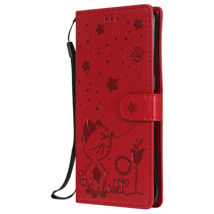 For OPPO Reno4 Pro 4G Cat and Bee Embossed Flip Leather Phone Case Wallet Cover with Card Slots Cash Pocket Magnetic Stand Protective Shockproof TPU PU Leather Case with Wrist Strap