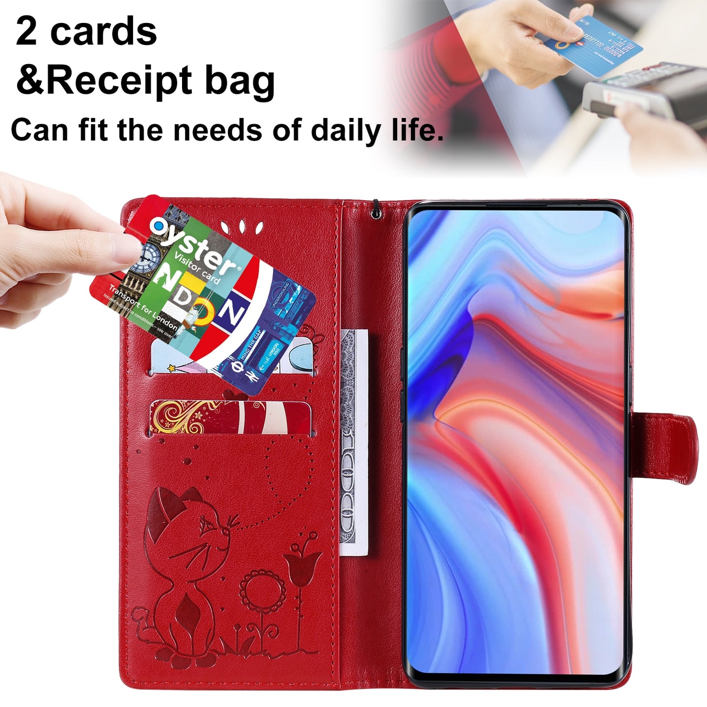 For OPPO Reno4 Pro 4G Cat and Bee Embossed Flip Leather Phone Case Wallet Cover with Card Slots Cash Pocket Magnetic Stand Protective Shockproof TPU PU Leather Case with Wrist Strap