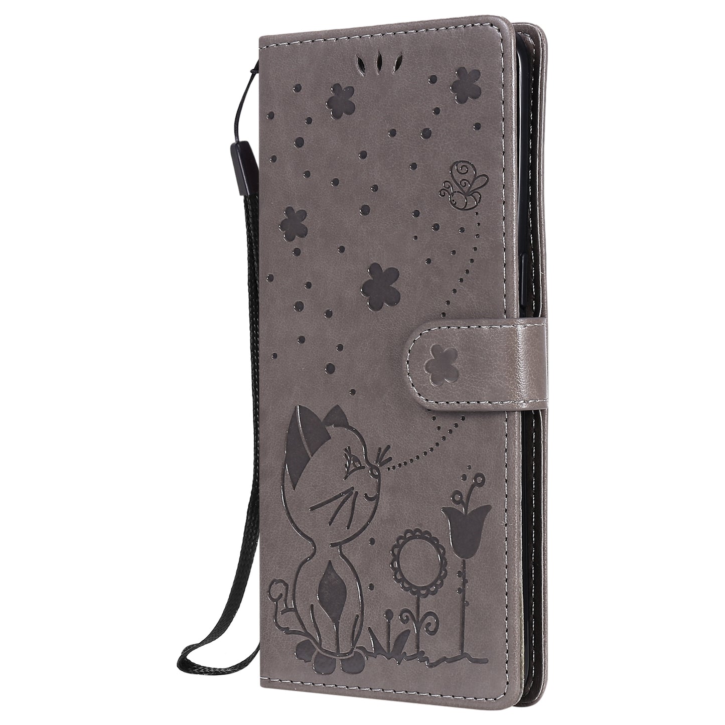 For OPPO Reno4 Pro 4G Cat and Bee Embossed Flip Leather Phone Case Wallet Cover with Card Slots Cash Pocket Magnetic Stand Protective Shockproof TPU PU Leather Case with Wrist Strap
