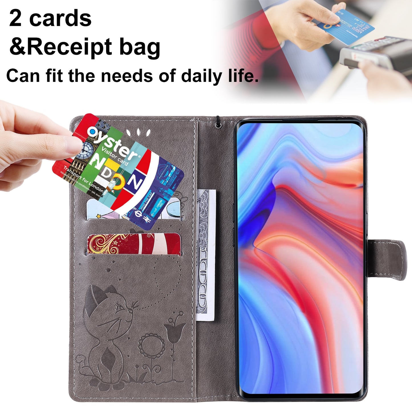 For OPPO Reno4 Pro 4G Cat and Bee Embossed Flip Leather Phone Case Wallet Cover with Card Slots Cash Pocket Magnetic Stand Protective Shockproof TPU PU Leather Case with Wrist Strap