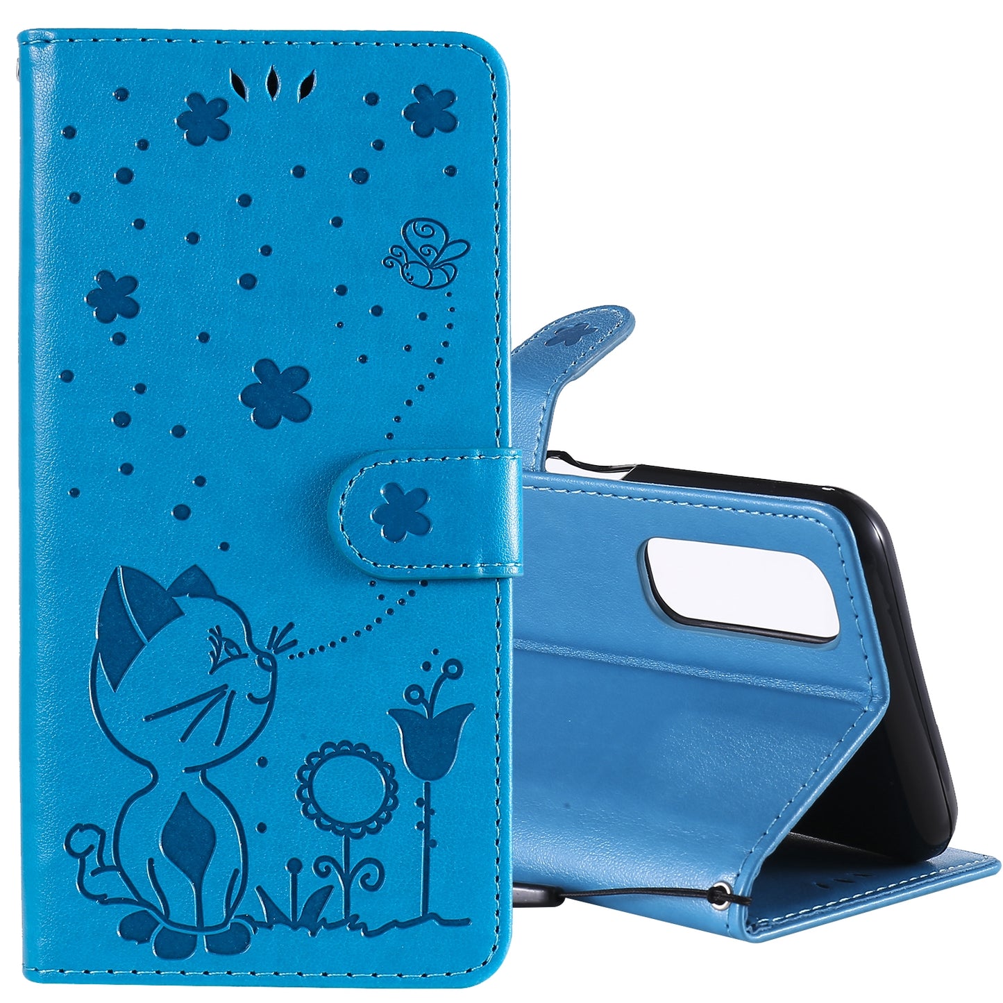 For OPPO Reno4 Pro 4G Cat and Bee Embossed Flip Leather Phone Case Wallet Cover with Card Slots Cash Pocket Magnetic Stand Protective Shockproof TPU PU Leather Case with Wrist Strap