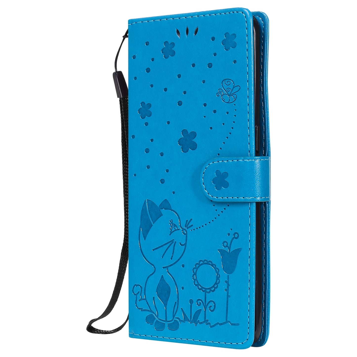 For OPPO Reno4 Pro 4G Cat and Bee Embossed Flip Leather Phone Case Wallet Cover with Card Slots Cash Pocket Magnetic Stand Protective Shockproof TPU PU Leather Case with Wrist Strap