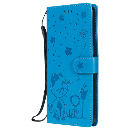 For OPPO Reno4 Pro 4G Cat and Bee Embossed Flip Leather Phone Case Wallet Cover with Card Slots Cash Pocket Magnetic Stand Protective Shockproof TPU PU Leather Case with Wrist Strap