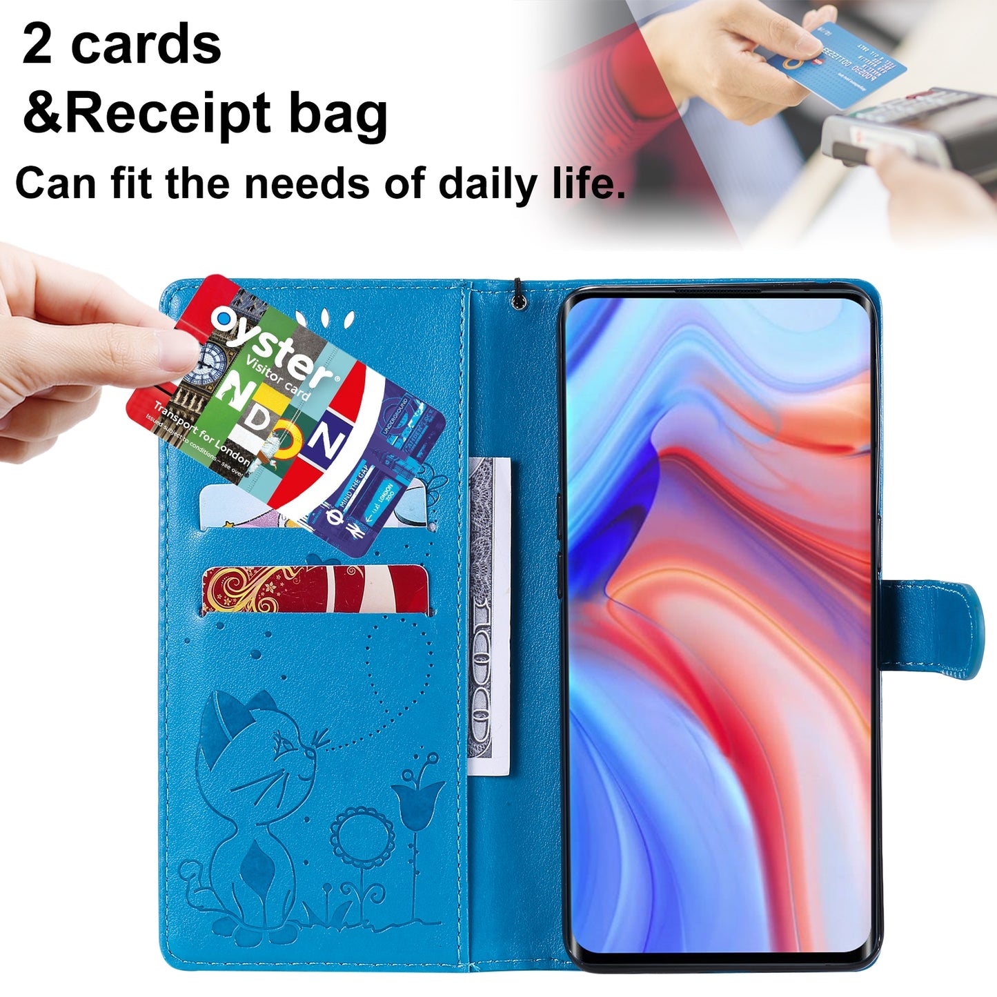 For OPPO Reno4 Pro 4G Cat and Bee Embossed Flip Leather Phone Case Wallet Cover with Card Slots Cash Pocket Magnetic Stand Protective Shockproof TPU PU Leather Case with Wrist Strap