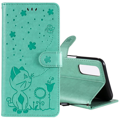 For OPPO Reno4 Pro 4G Cat and Bee Embossed Flip Leather Phone Case Wallet Cover with Card Slots Cash Pocket Magnetic Stand Protective Shockproof TPU PU Leather Case with Wrist Strap