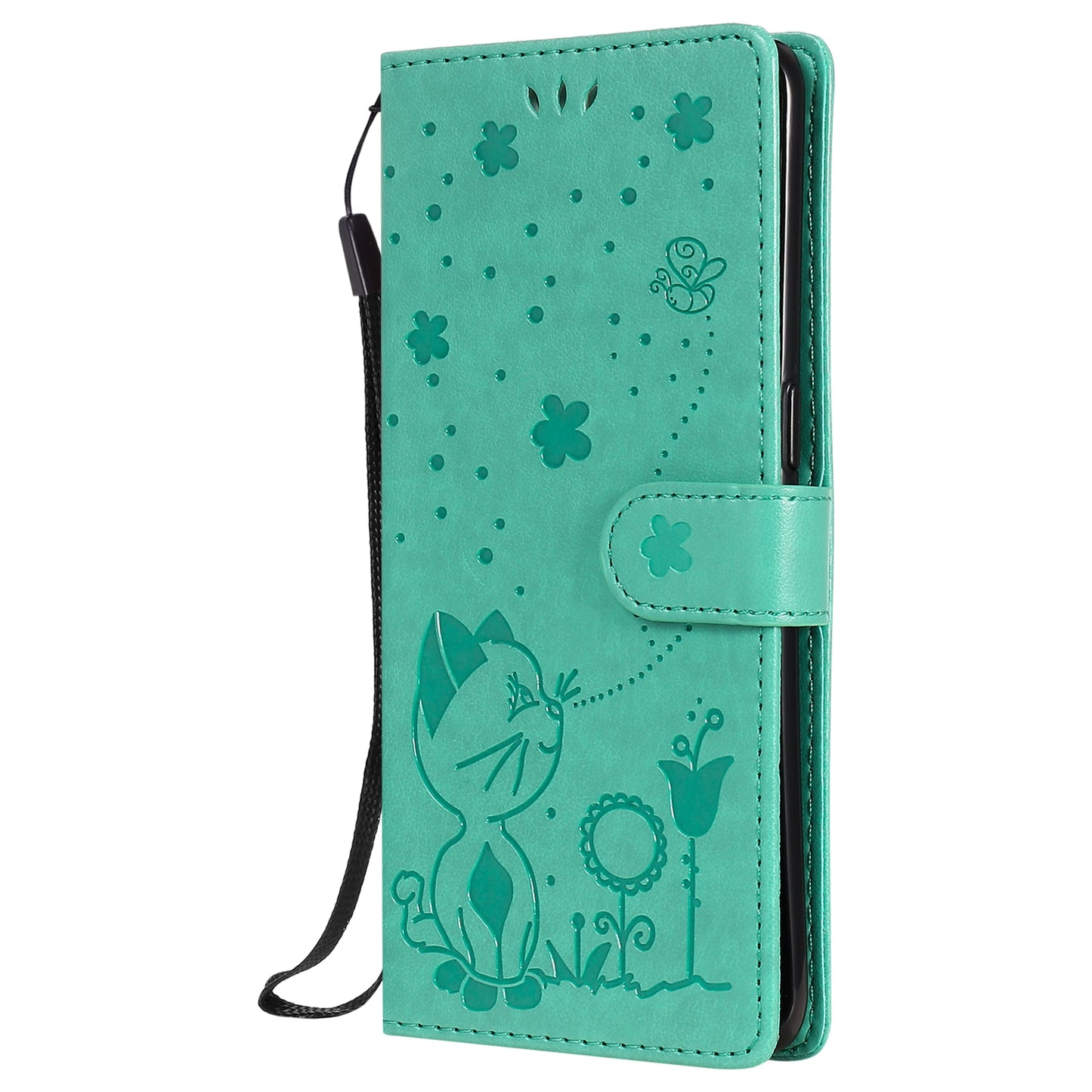 For OPPO Reno4 Pro 4G Cat and Bee Embossed Flip Leather Phone Case Wallet Cover with Card Slots Cash Pocket Magnetic Stand Protective Shockproof TPU PU Leather Case with Wrist Strap