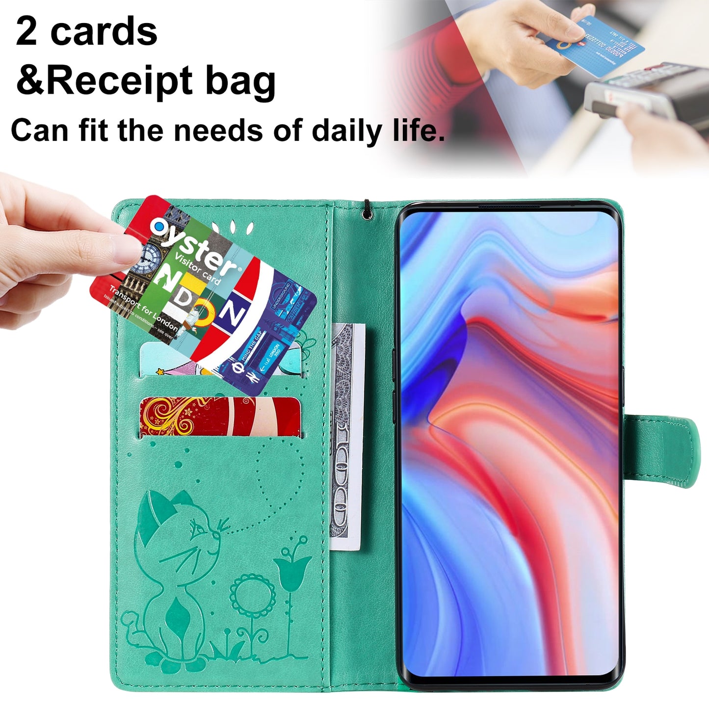 For OPPO Reno4 Pro 4G Cat and Bee Embossed Flip Leather Phone Case Wallet Cover with Card Slots Cash Pocket Magnetic Stand Protective Shockproof TPU PU Leather Case with Wrist Strap
