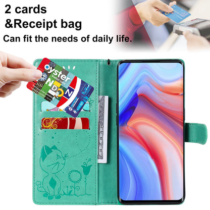 For OPPO Reno4 Pro 4G Cat and Bee Embossed Flip Leather Phone Case Wallet Cover with Card Slots Cash Pocket Magnetic Stand Protective Shockproof TPU PU Leather Case with Wrist Strap