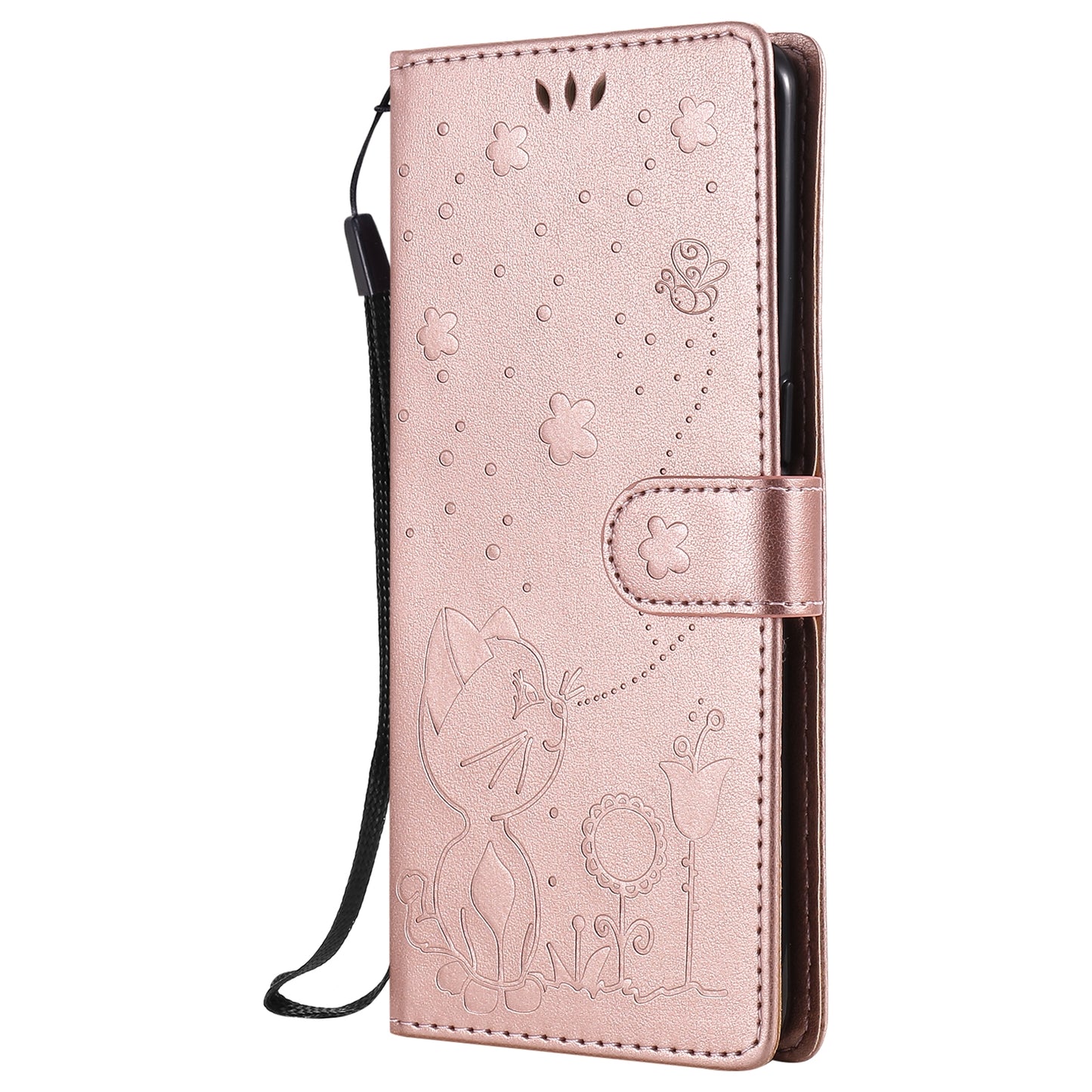 For OPPO Reno4 Pro 4G Cat and Bee Embossed Flip Leather Phone Case Wallet Cover with Card Slots Cash Pocket Magnetic Stand Protective Shockproof TPU PU Leather Case with Wrist Strap