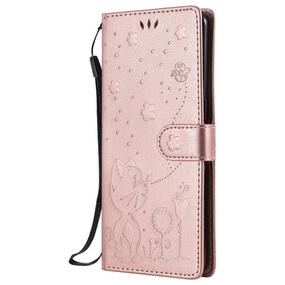 For OPPO Reno4 Pro 4G Cat and Bee Embossed Flip Leather Phone Case Wallet Cover with Card Slots Cash Pocket Magnetic Stand Protective Shockproof TPU PU Leather Case with Wrist Strap