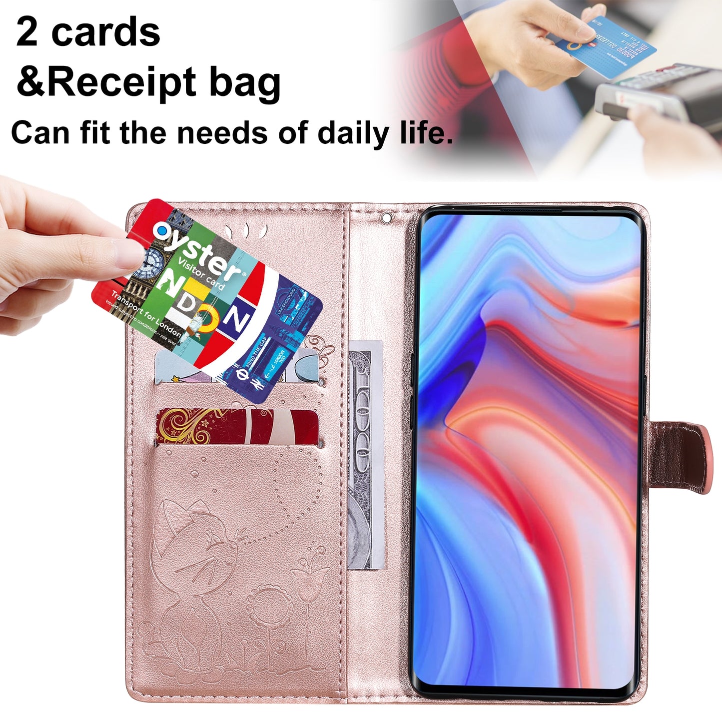 For OPPO Reno4 Pro 4G Cat and Bee Embossed Flip Leather Phone Case Wallet Cover with Card Slots Cash Pocket Magnetic Stand Protective Shockproof TPU PU Leather Case with Wrist Strap