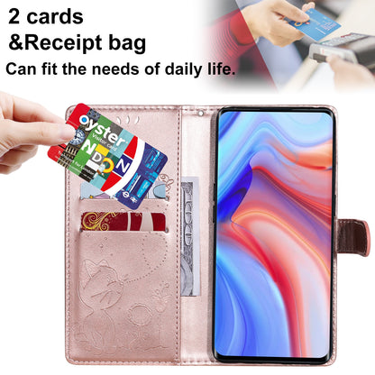 For OPPO Reno4 Pro 4G Cat and Bee Embossed Flip Leather Phone Case Wallet Cover with Card Slots Cash Pocket Magnetic Stand Protective Shockproof TPU PU Leather Case with Wrist Strap