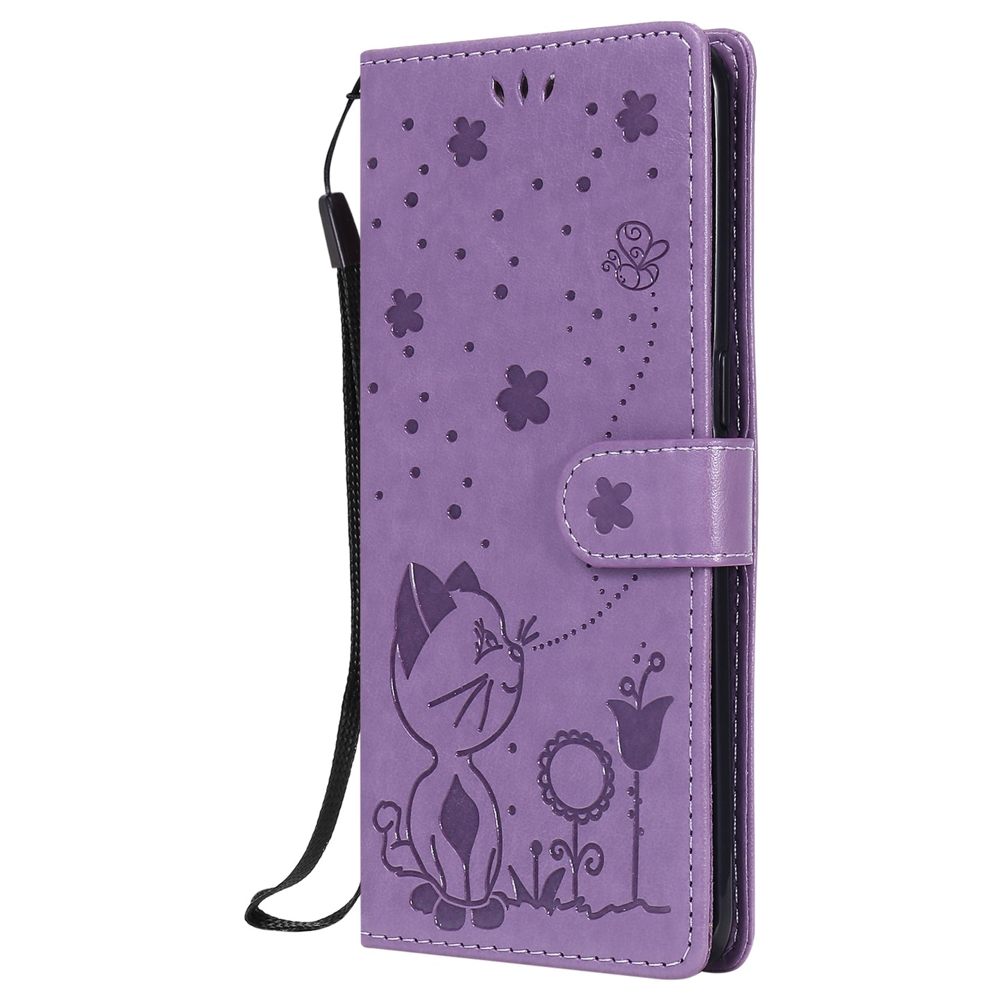 For OPPO Reno4 Pro 4G Cat and Bee Embossed Flip Leather Phone Case Wallet Cover with Card Slots Cash Pocket Magnetic Stand Protective Shockproof TPU PU Leather Case with Wrist Strap