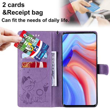 For OPPO Reno4 Pro 4G Cat and Bee Embossed Flip Leather Phone Case Wallet Cover with Card Slots Cash Pocket Magnetic Stand Protective Shockproof TPU PU Leather Case with Wrist Strap