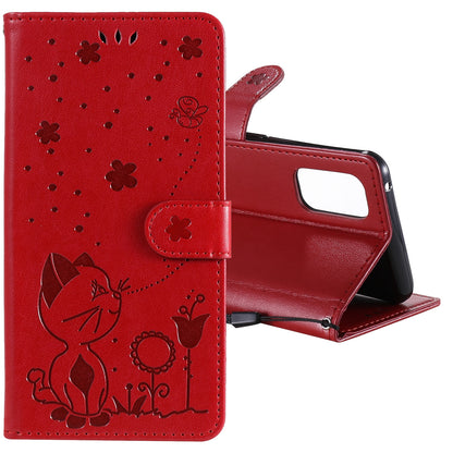 For OPPO Reno4 4G Cat and Bee Embossed Flip Leather Phone Case Wallet Cover with Card Slots Cash Pocket Magnetic Stand Protective Shockproof TPU PU Leather Case with Wrist Strap