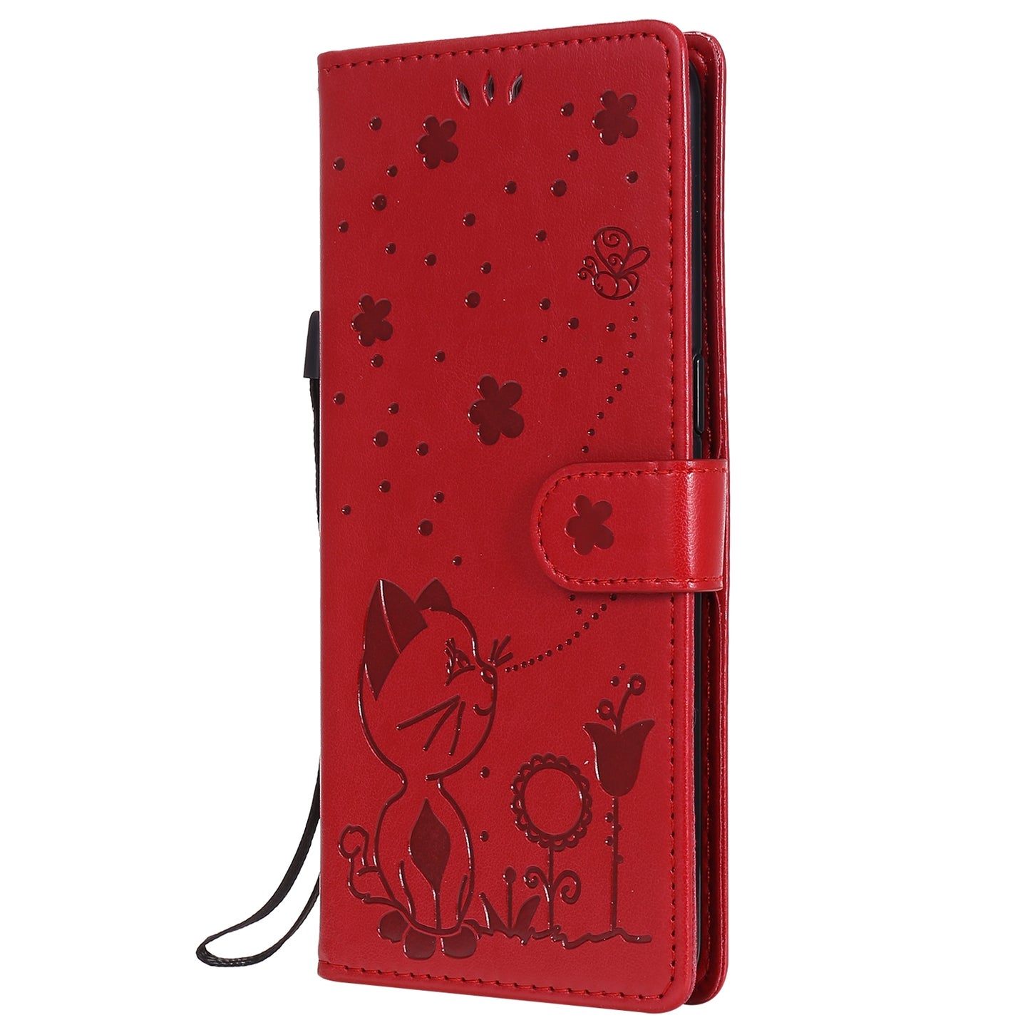 For OPPO Reno4 4G Cat and Bee Embossed Flip Leather Phone Case Wallet Cover with Card Slots Cash Pocket Magnetic Stand Protective Shockproof TPU PU Leather Case with Wrist Strap
