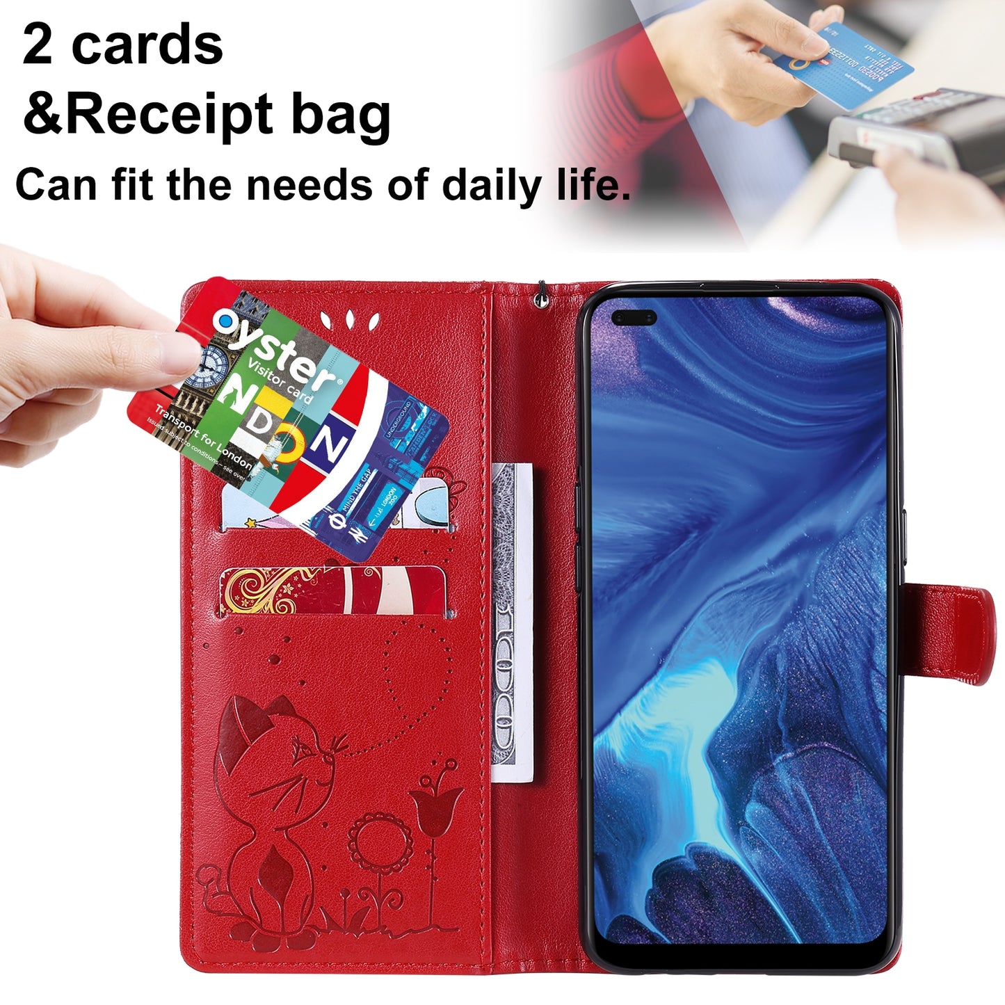 For OPPO Reno4 4G Cat and Bee Embossed Flip Leather Phone Case Wallet Cover with Card Slots Cash Pocket Magnetic Stand Protective Shockproof TPU PU Leather Case with Wrist Strap