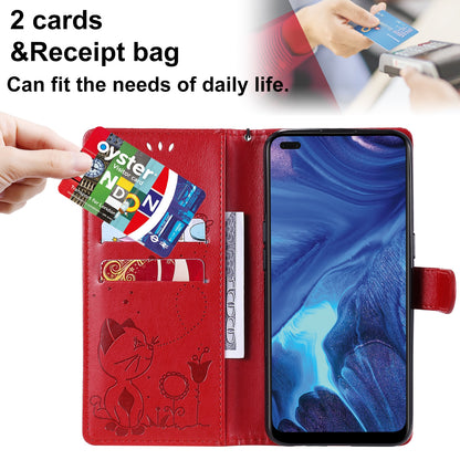 For OPPO Reno4 4G Cat and Bee Embossed Flip Leather Phone Case Wallet Cover with Card Slots Cash Pocket Magnetic Stand Protective Shockproof TPU PU Leather Case with Wrist Strap