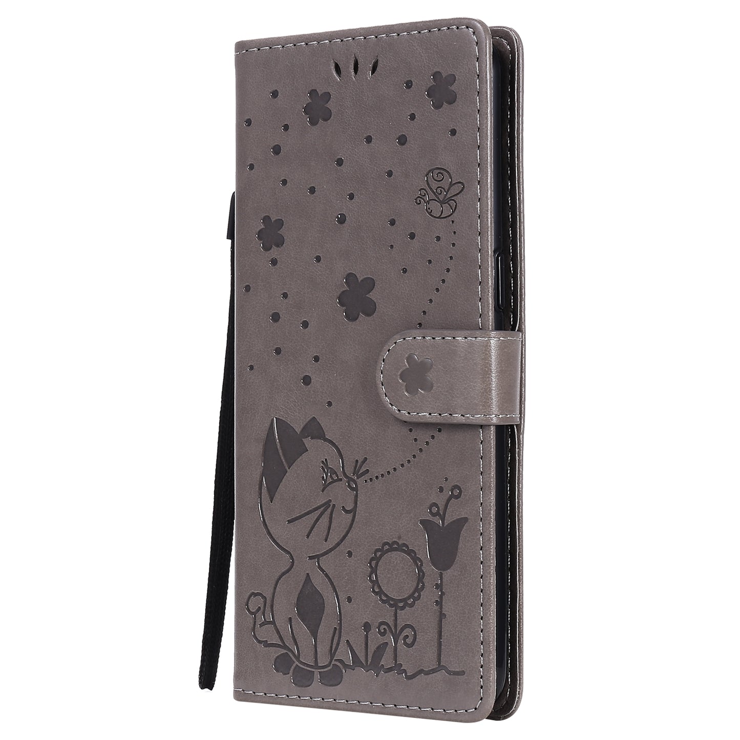 For OPPO Reno4 4G Cat and Bee Embossed Flip Leather Phone Case Wallet Cover with Card Slots Cash Pocket Magnetic Stand Protective Shockproof TPU PU Leather Case with Wrist Strap