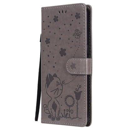 For OPPO Reno4 4G Cat and Bee Embossed Flip Leather Phone Case Wallet Cover with Card Slots Cash Pocket Magnetic Stand Protective Shockproof TPU PU Leather Case with Wrist Strap