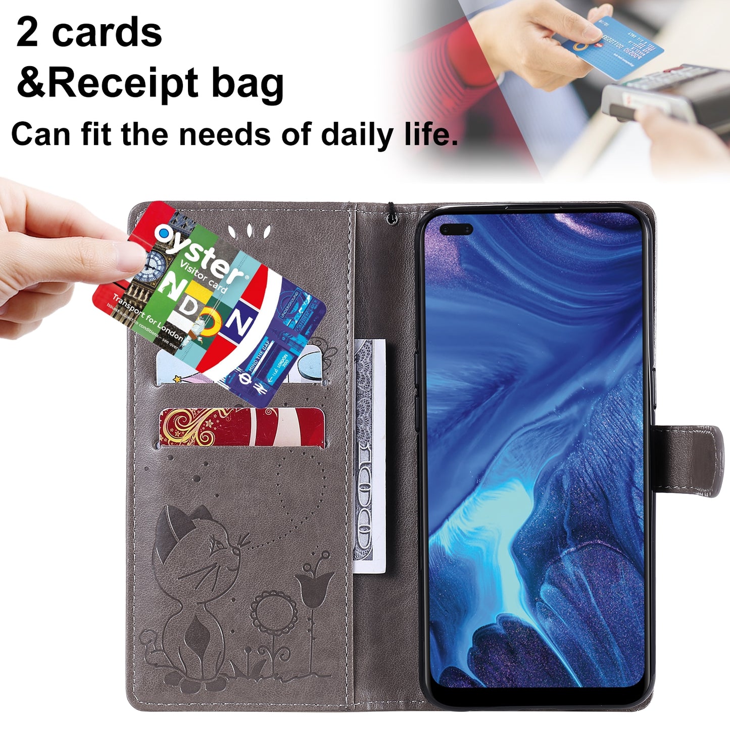 For OPPO Reno4 4G Cat and Bee Embossed Flip Leather Phone Case Wallet Cover with Card Slots Cash Pocket Magnetic Stand Protective Shockproof TPU PU Leather Case with Wrist Strap