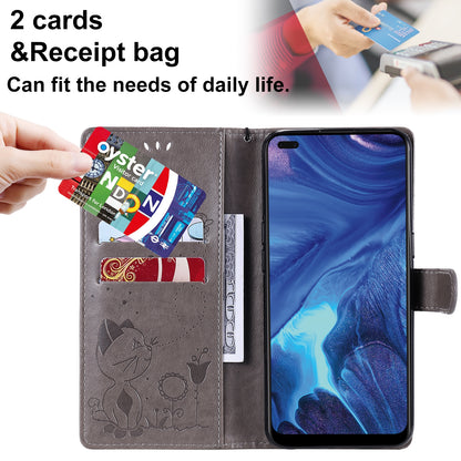 For OPPO Reno4 4G Cat and Bee Embossed Flip Leather Phone Case Wallet Cover with Card Slots Cash Pocket Magnetic Stand Protective Shockproof TPU PU Leather Case with Wrist Strap