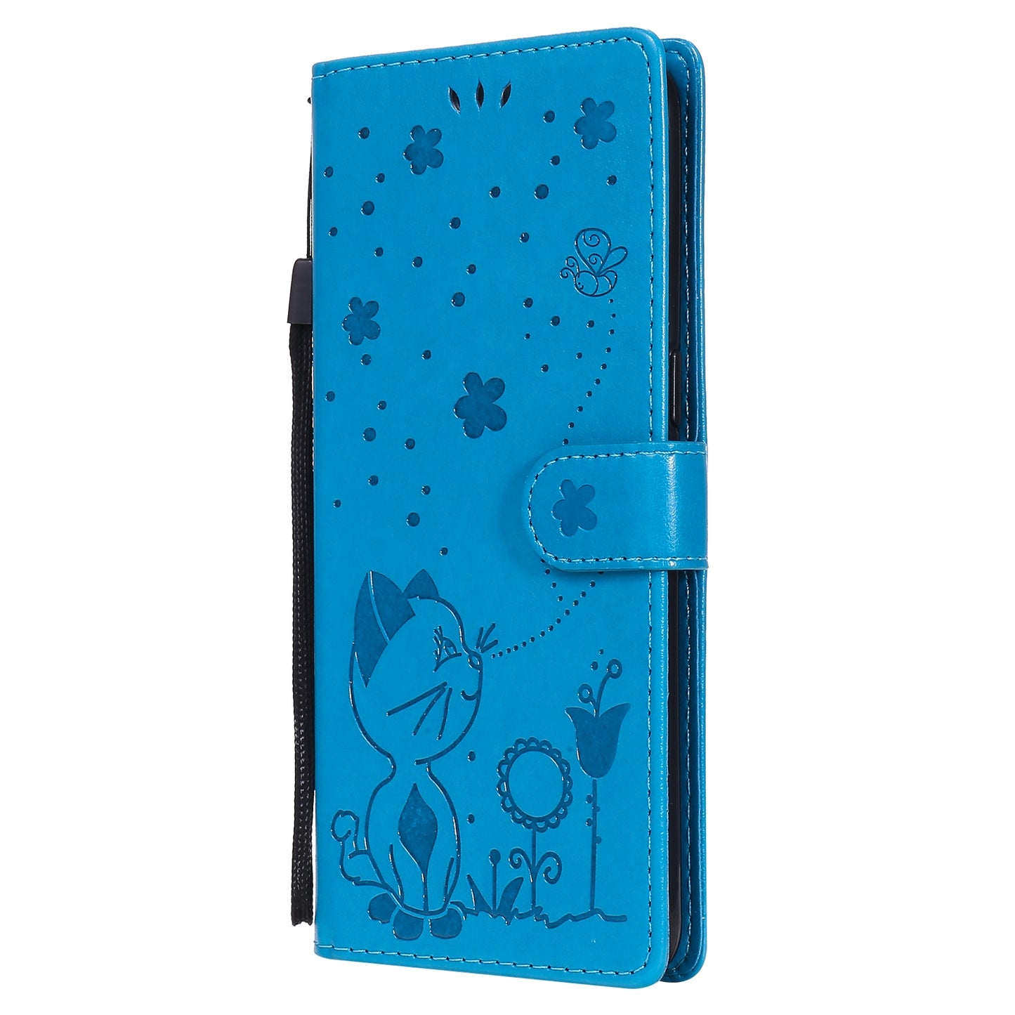 For OPPO Reno4 4G Cat and Bee Embossed Flip Leather Phone Case Wallet Cover with Card Slots Cash Pocket Magnetic Stand Protective Shockproof TPU PU Leather Case with Wrist Strap