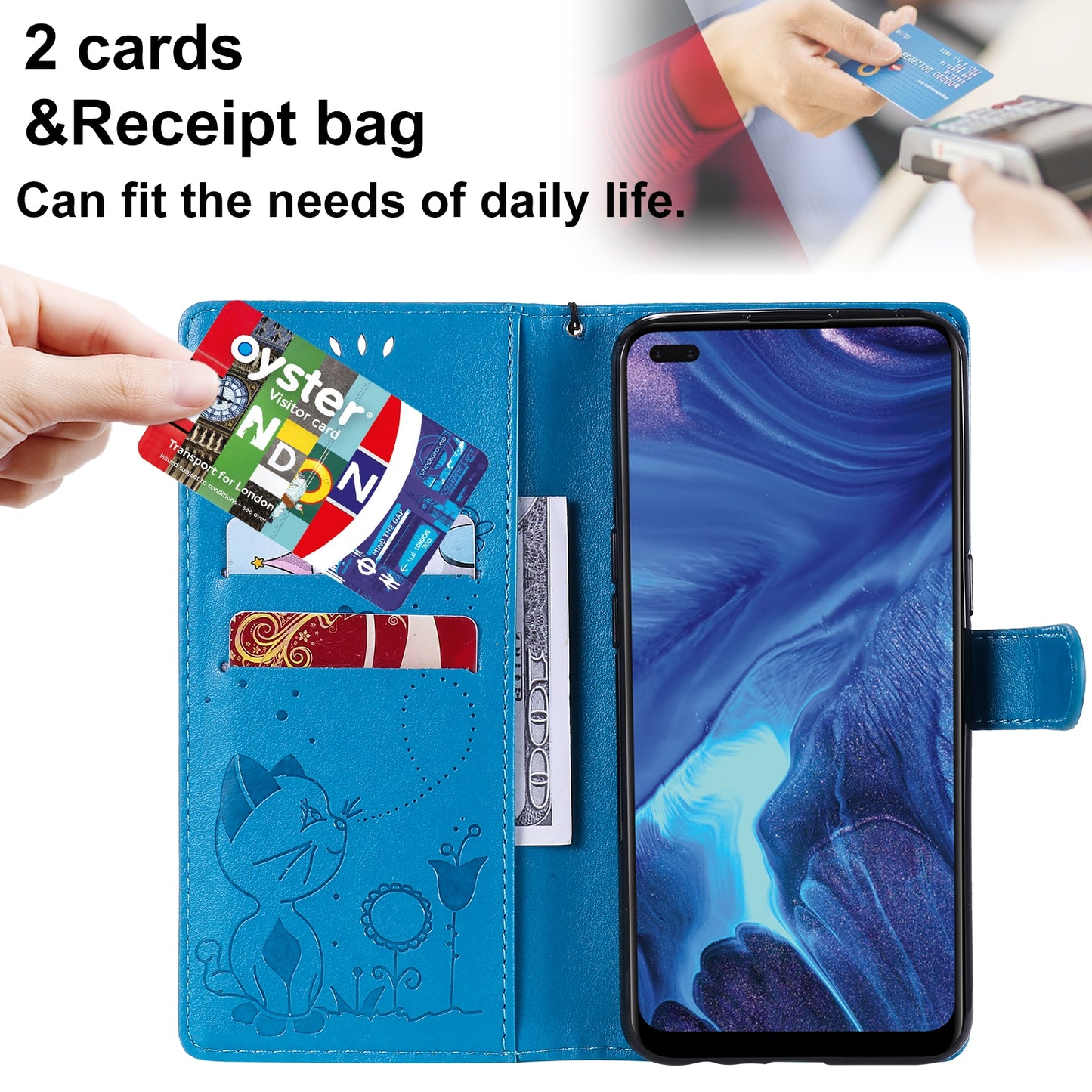 For OPPO Reno4 4G Cat and Bee Embossed Flip Leather Phone Case Wallet Cover with Card Slots Cash Pocket Magnetic Stand Protective Shockproof TPU PU Leather Case with Wrist Strap