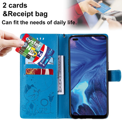 For OPPO Reno4 4G Cat and Bee Embossed Flip Leather Phone Case Wallet Cover with Card Slots Cash Pocket Magnetic Stand Protective Shockproof TPU PU Leather Case with Wrist Strap