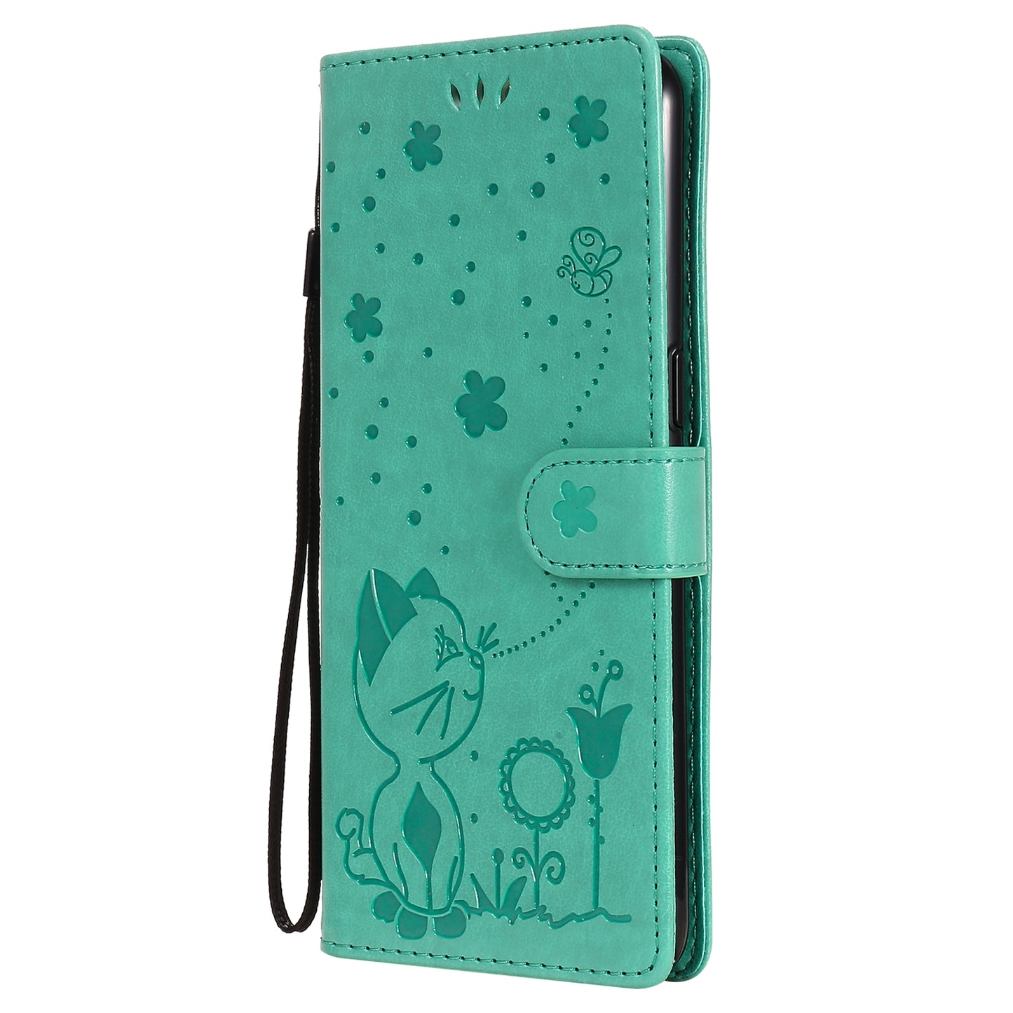 For OPPO Reno4 4G Cat and Bee Embossed Flip Leather Phone Case Wallet Cover with Card Slots Cash Pocket Magnetic Stand Protective Shockproof TPU PU Leather Case with Wrist Strap