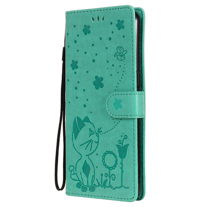 For OPPO Reno4 4G Cat and Bee Embossed Flip Leather Phone Case Wallet Cover with Card Slots Cash Pocket Magnetic Stand Protective Shockproof TPU PU Leather Case with Wrist Strap