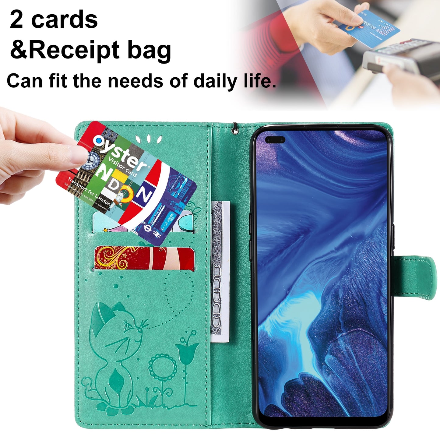 For OPPO Reno4 4G Cat and Bee Embossed Flip Leather Phone Case Wallet Cover with Card Slots Cash Pocket Magnetic Stand Protective Shockproof TPU PU Leather Case with Wrist Strap