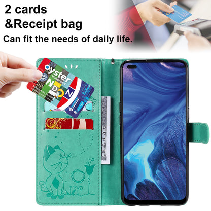 For OPPO Reno4 4G Cat and Bee Embossed Flip Leather Phone Case Wallet Cover with Card Slots Cash Pocket Magnetic Stand Protective Shockproof TPU PU Leather Case with Wrist Strap